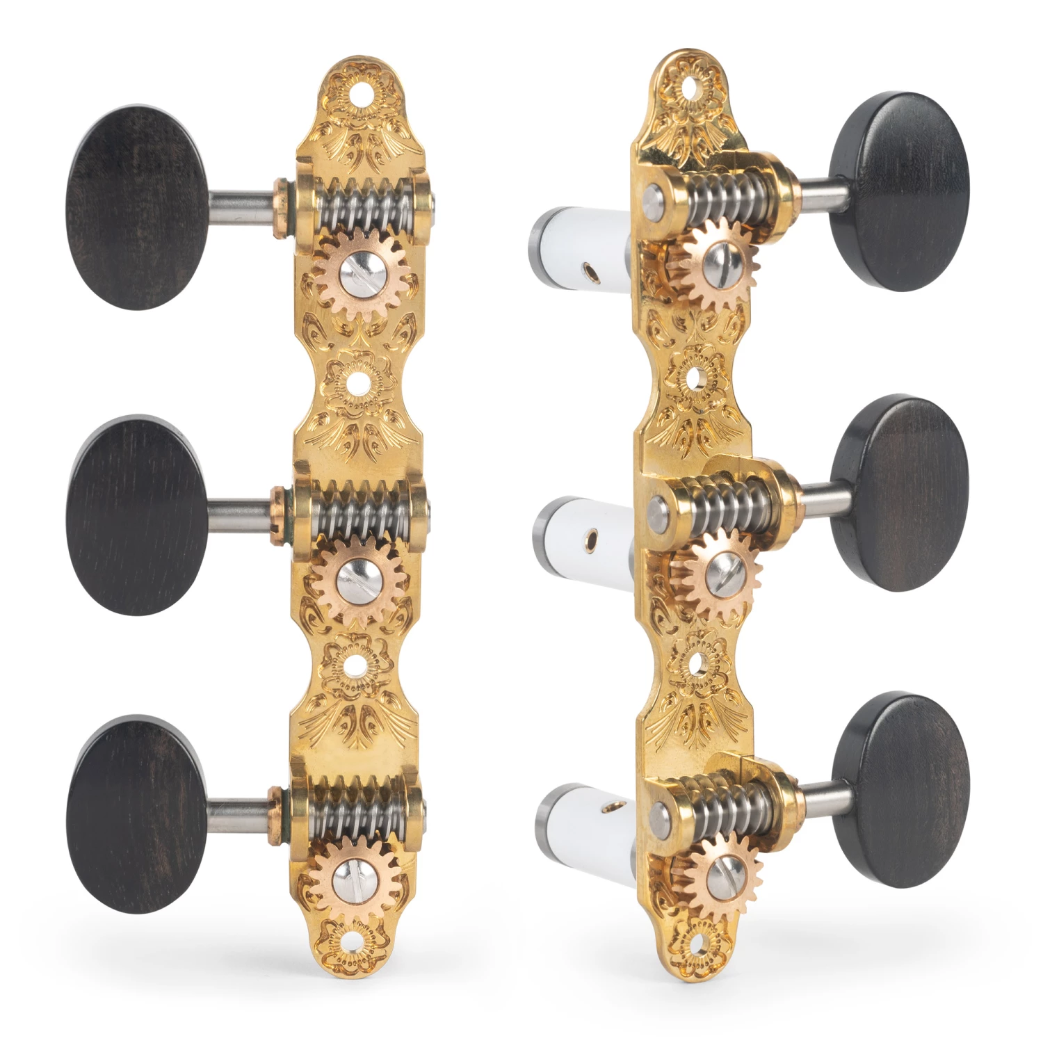 Sloane Classical Guitar Tuners with Ebony Knobs and Flower Baseplates - StewMac Sloane Classical Guitar Tuners With Ebony Knobs And Flower Baseplates - StewMac -US Tool Sales Shop 100674 set on white 2000